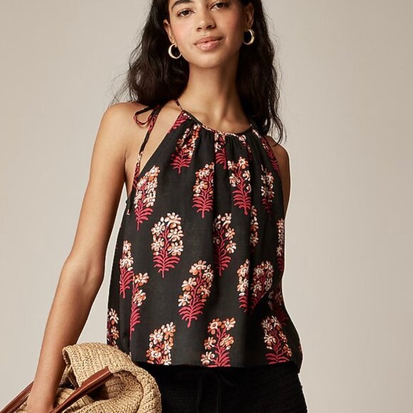J. Crew Tie-shoulder tank top in cocoa block-print cotton Voile Size L - Picture 1 of 5